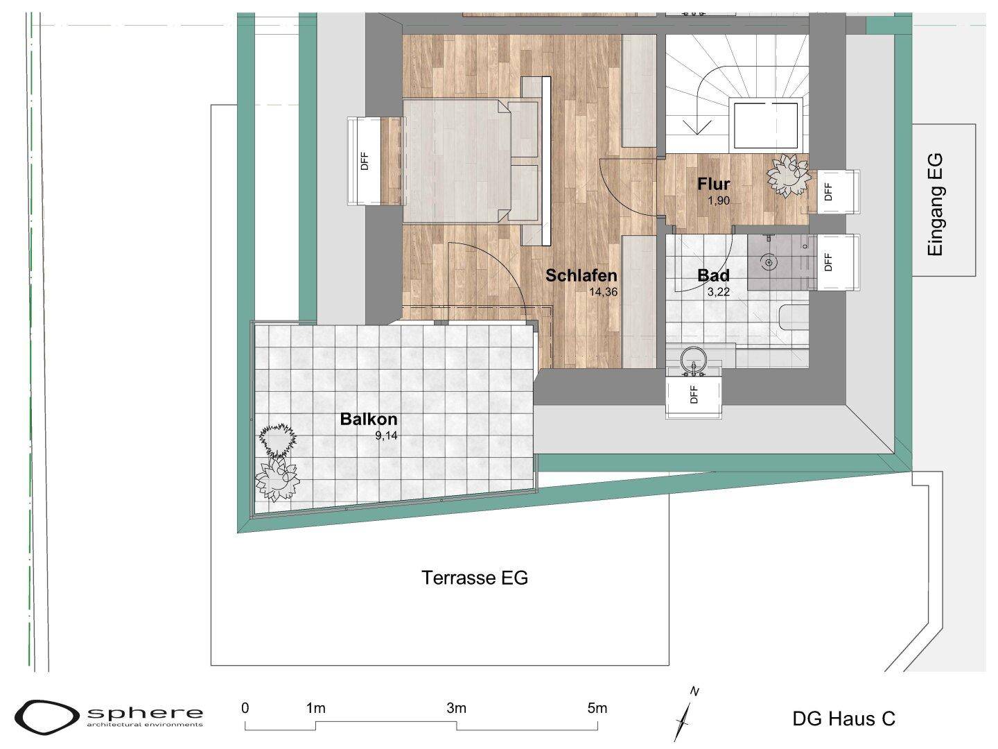 Grundriss des Dachgeschosses mit Schlafzimmer, Bad und Balkon.