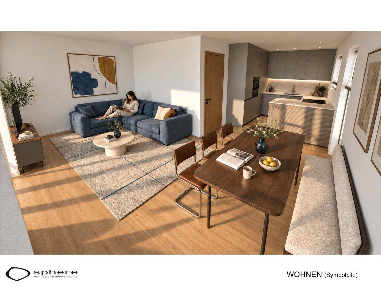 Offener Wohn-Essbereich mit integrierter Küche, Holzboden und modernem Sofa.