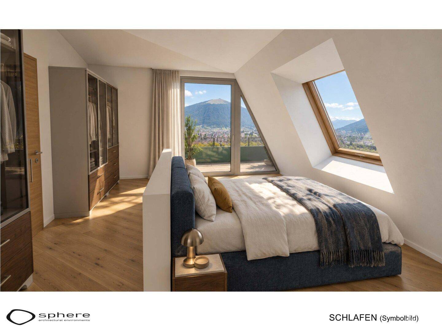 Schlafzimmer im Dachgeschoss mit Holzboden, großen Fenstern und Panoramablick auf die Berge.