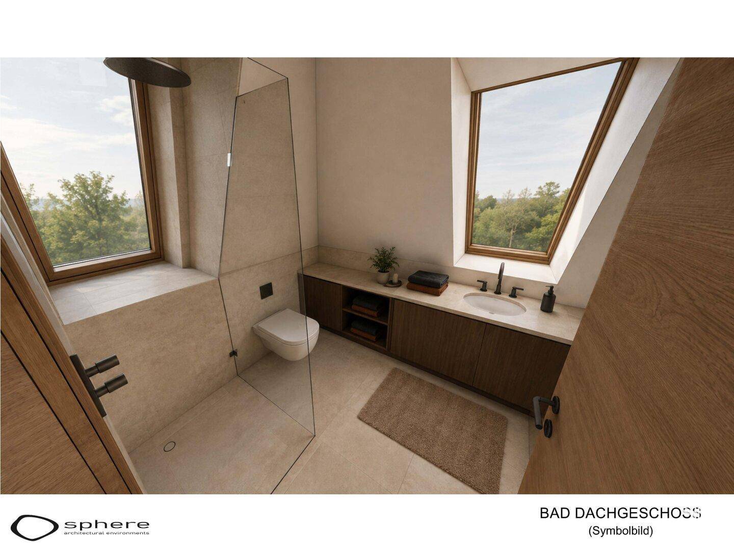 Modernes Badezimmer im Dachgeschoss mit begehbarer Dusche, Einzelwaschbecken und Dachfenstern.