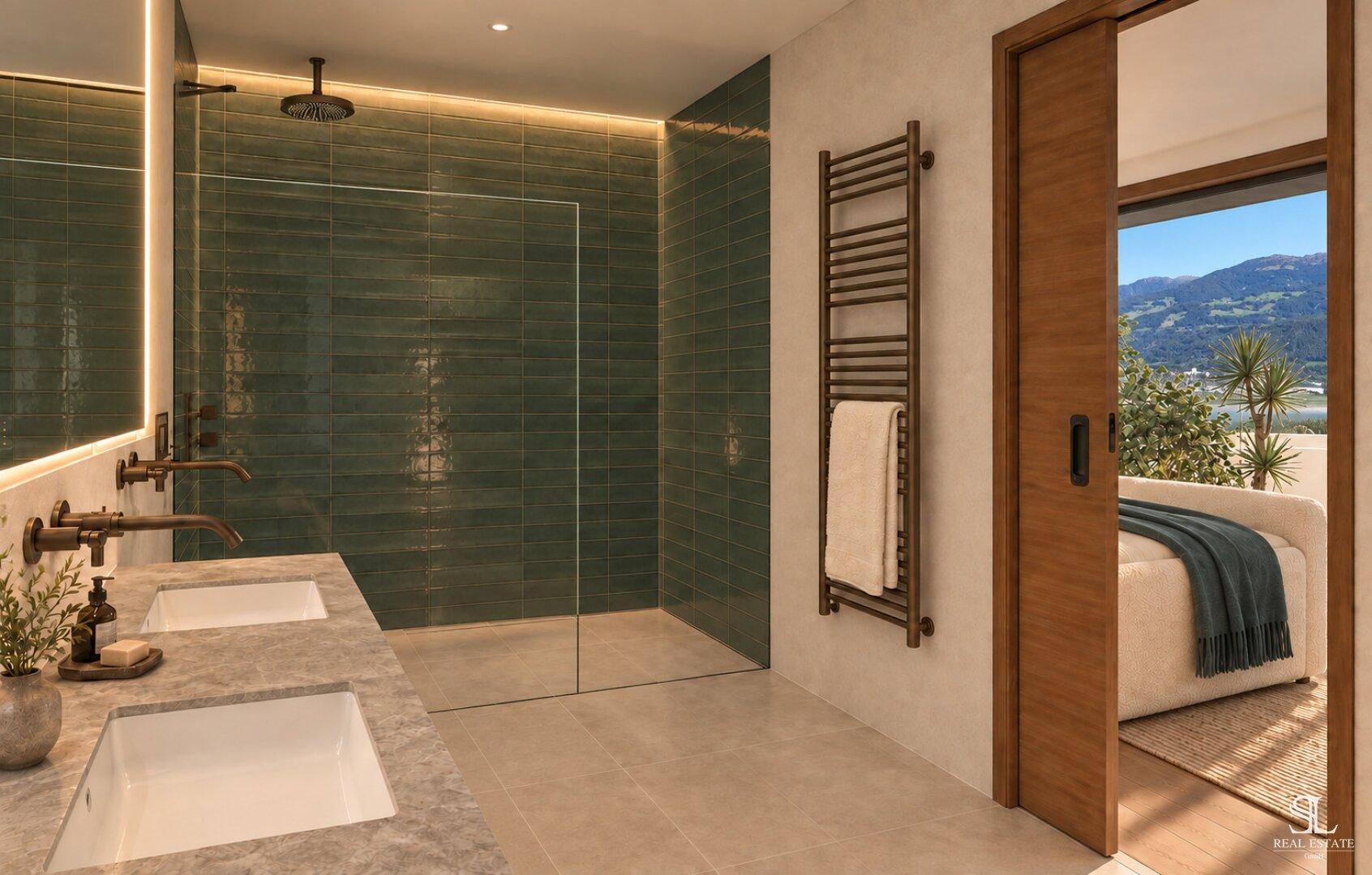 Modernes Badezimmer mit begehbarer Dusche, Doppelwaschbecken und grünen Fliesen.