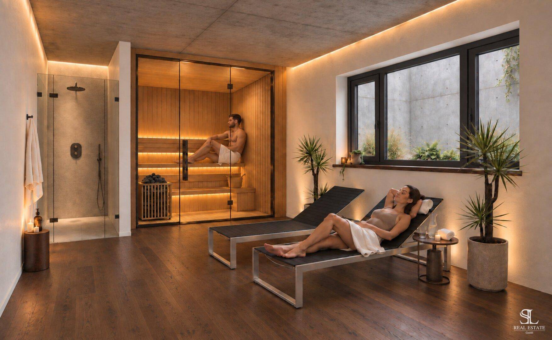 Entspannender Wellnessbereich mit Sauna, Liegestühlen und indirekter Beleuchtung.