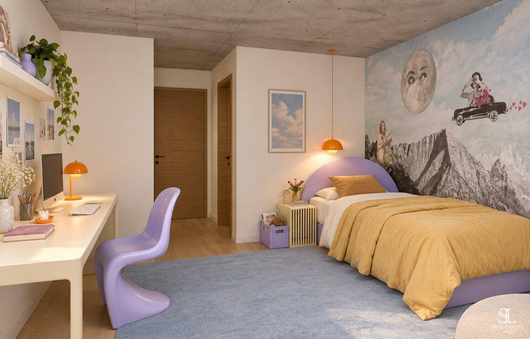 Farbenfrohes Kinderzimmer mit Schreibtisch, Einzelbett und kreativer Wandgestaltung.