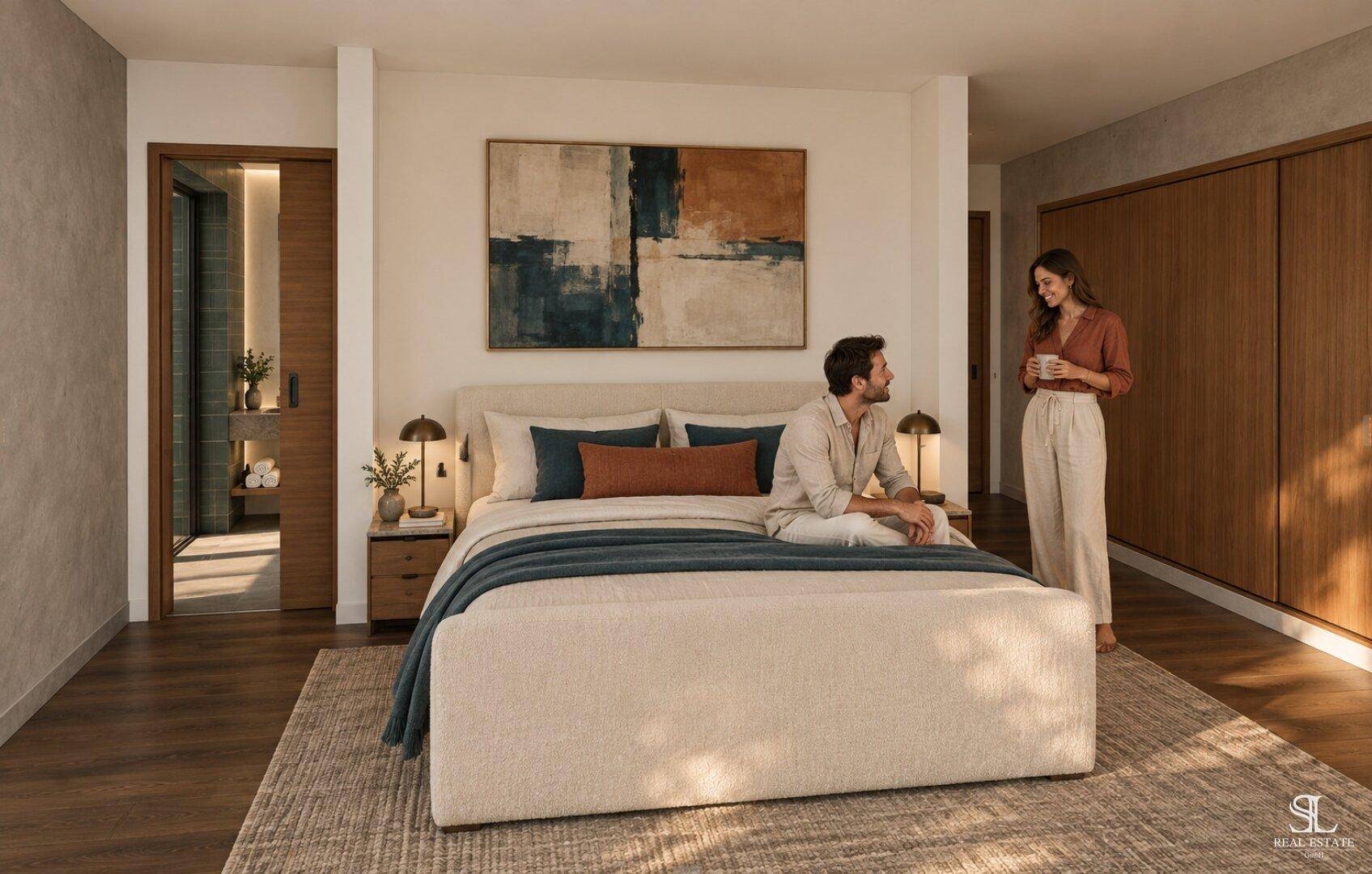 Gemütliches Schlafzimmer mit großem Bett, Holzboden und Kunstwerk an der Wand.