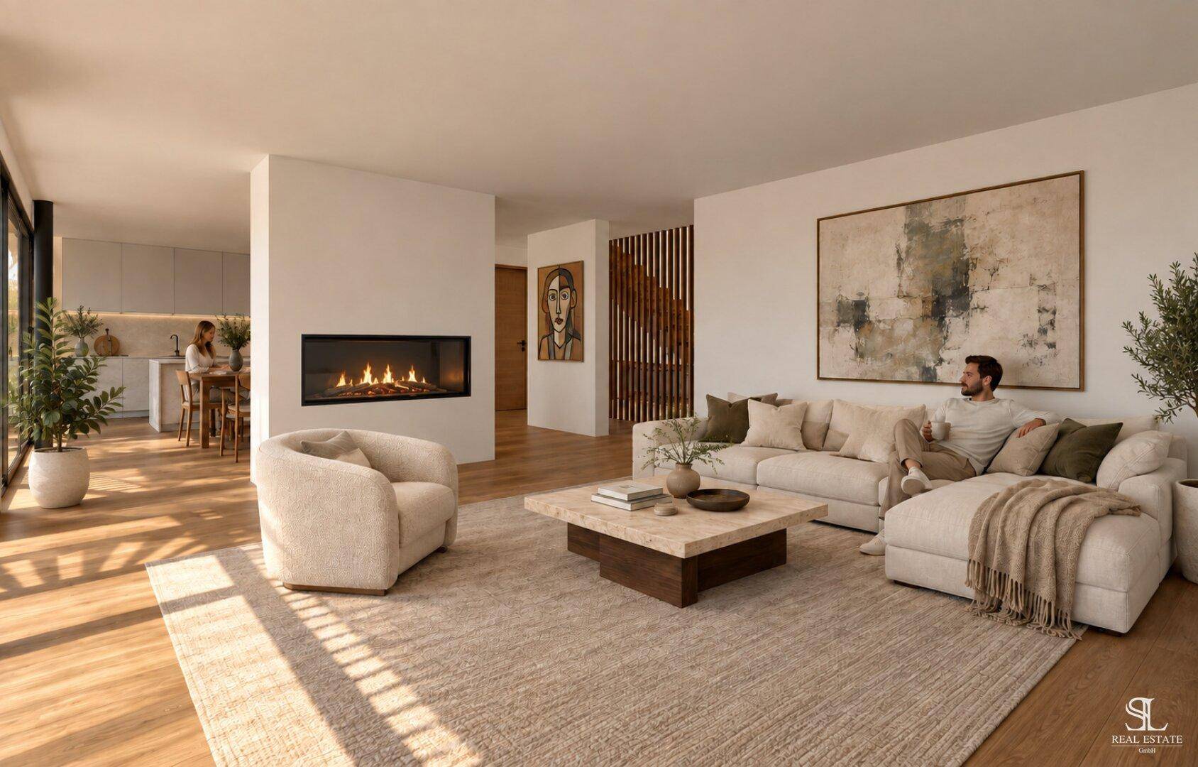Helles Wohnzimmer mit modernem Kamin, Holzboden und offener Küche im Hintergrund.