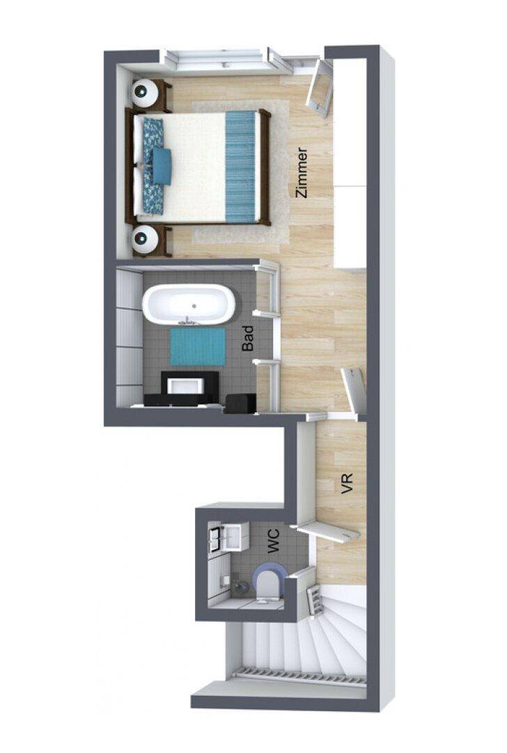 Möblierter Grundriss mit Schlafzimmer, Badezimmer mit Badewanne und separatem WC, verbunden durch einen Vorraum und Treppe.