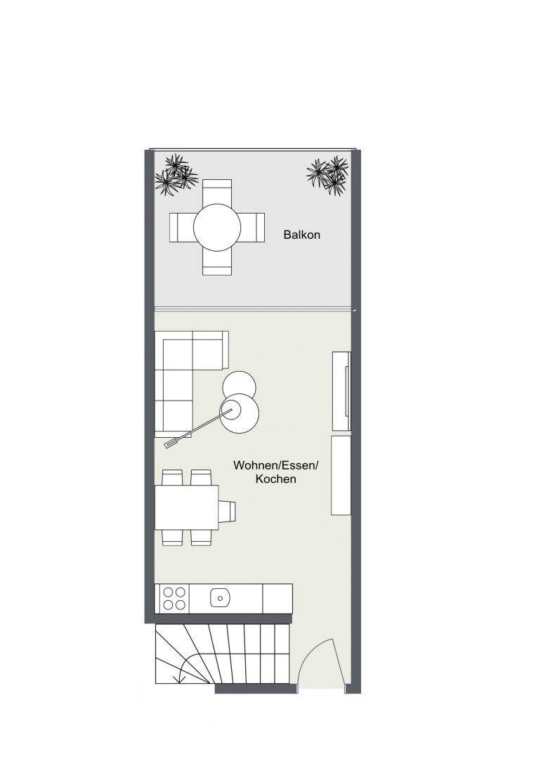Schematischer Grundriss einer Wohnung mit offenem Wohnbereich und Balkon.