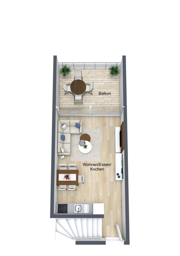 Grundriss einer Wohnung mit offenem Wohn-/Ess-/Kochbereich und Balkon.