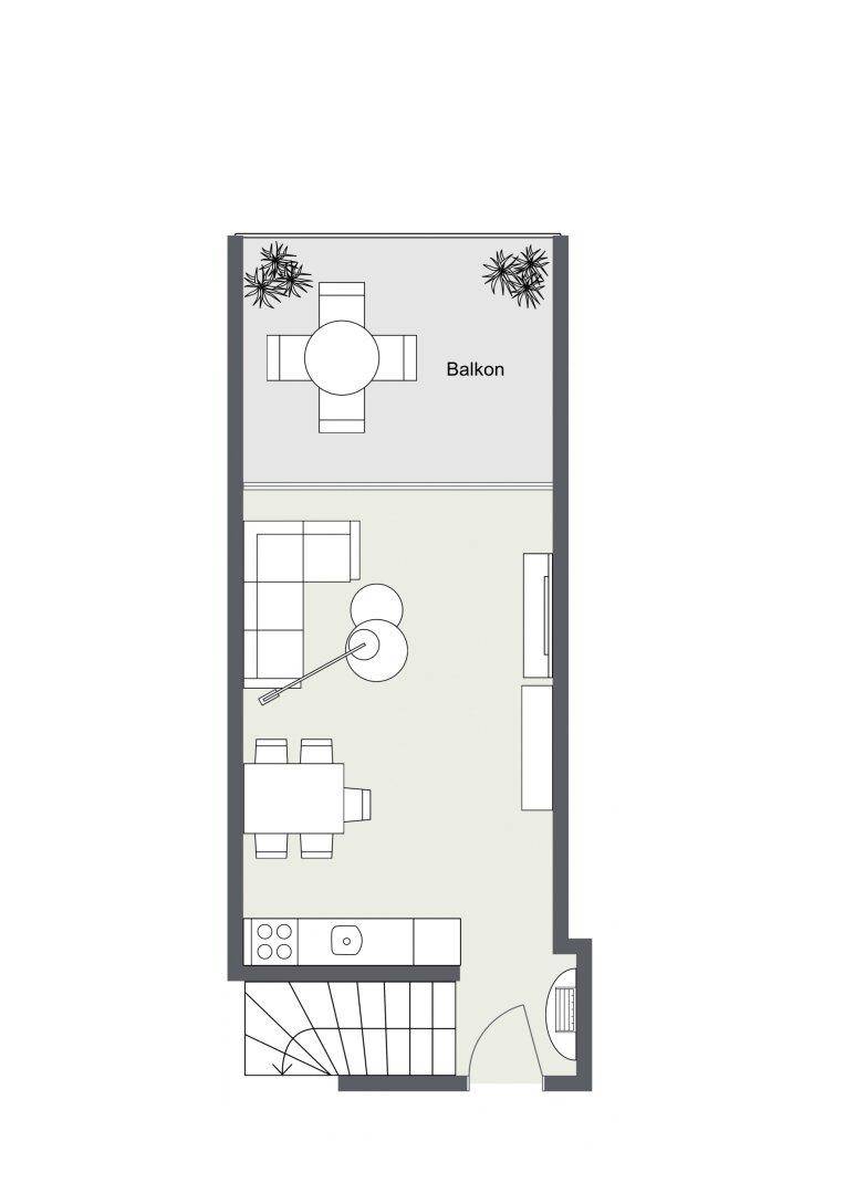 Grundriss des offenen Wohnbereichs mit integrierter Küche und Zugang zum Balkon.