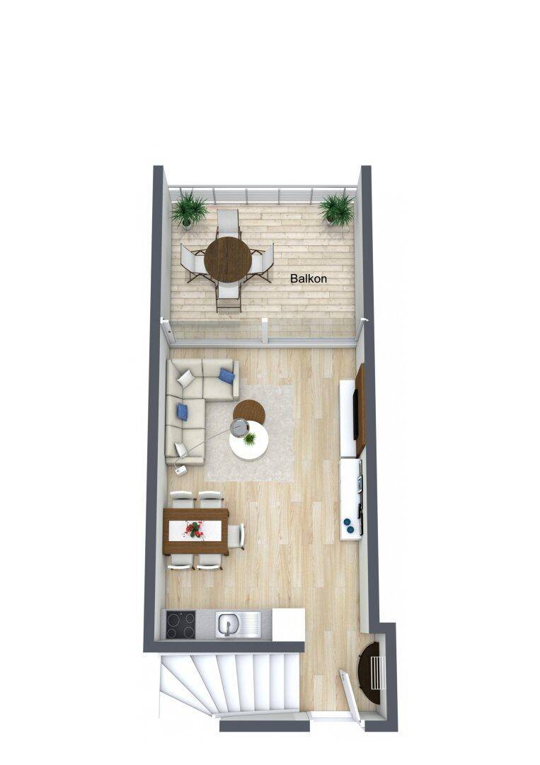Grundriss zeigt einen offenen Wohnbereich mit Küche, Essbereich und Zugang zu einem Balkon.