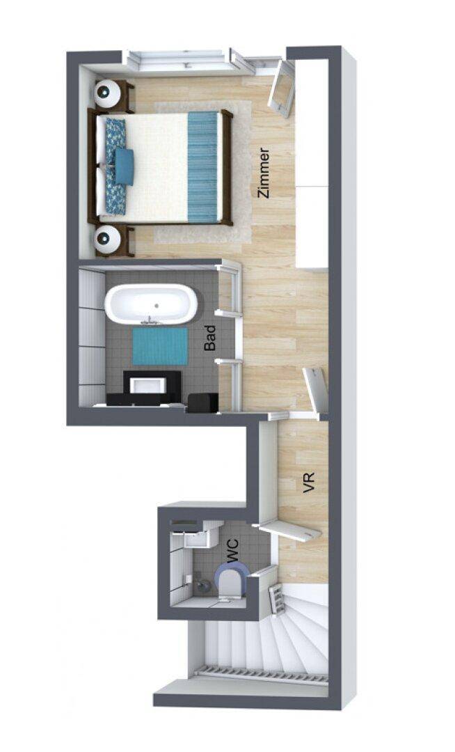 Detaillierter Grundriss mit Schlafzimmer, Badezimmer mit Badewanne und separatem WC.