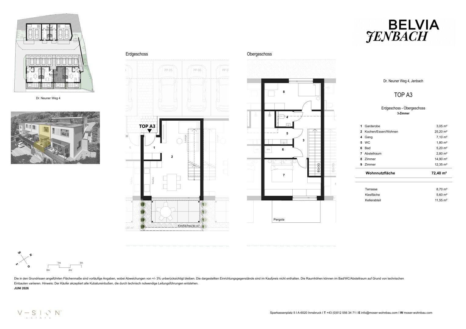 Grundriss für eine 2-Zimmer-Wohnung (TOP A3) mit Terrasse und Gartenanteil.