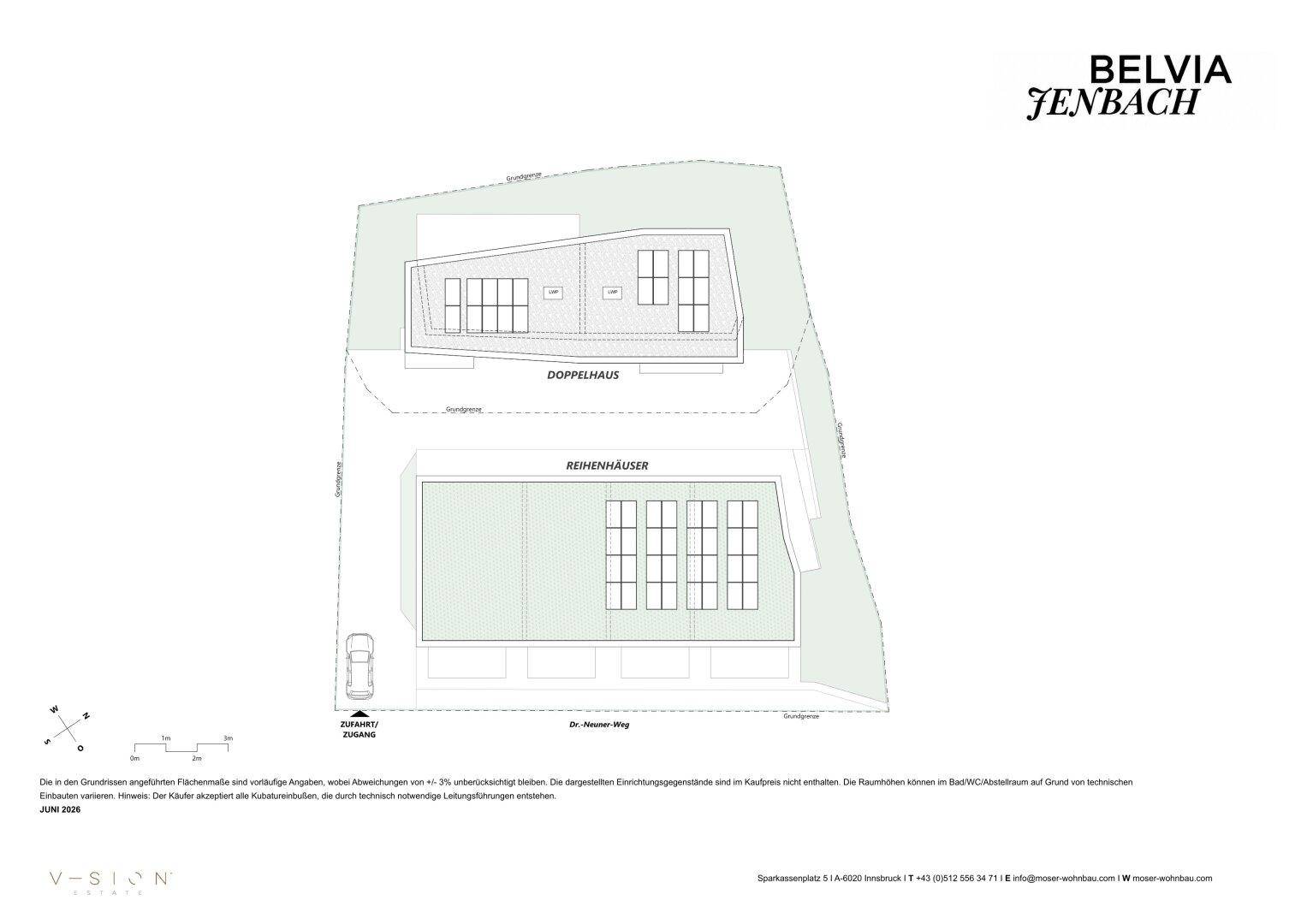 Übersichtsplan des Grundstücks mit Doppelhaus und Reihenhäusern sowie Parkplätzen.