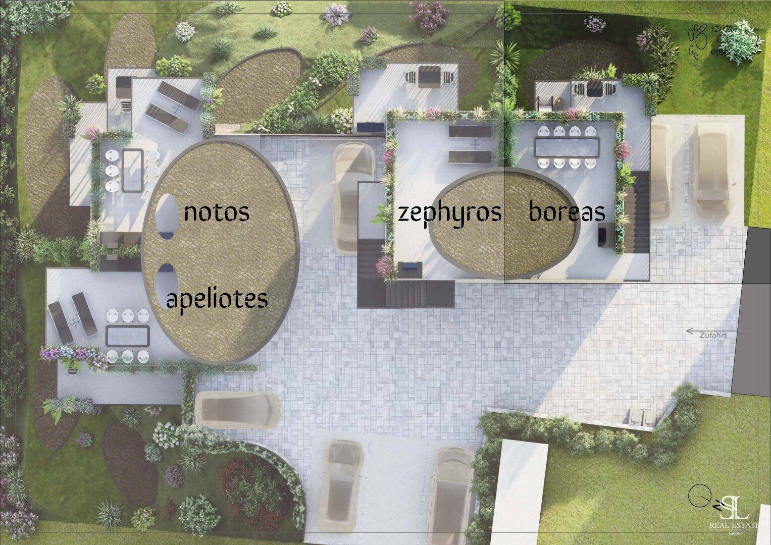 Übersichtsplan der Außenbereiche mit Terrassen, Gärten und Parkplätzen für mehrere Wohneinheiten.