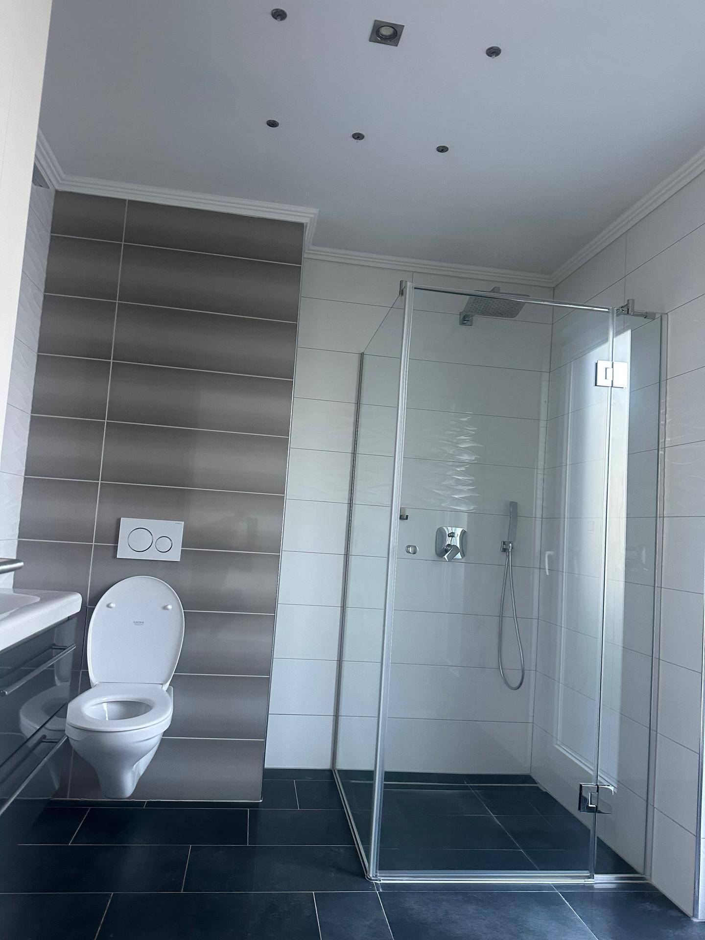 Modernes Badezimmer mit ebenerdiger Dusche, Wand-WC und eleganten Fliesen.