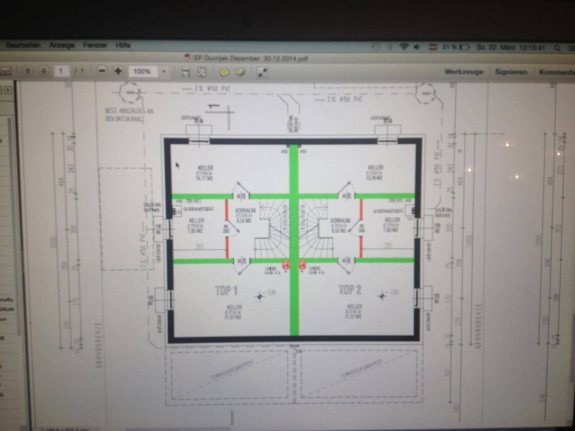 Digitaler Grundriss des Kellergeschosses mit zwei Wohneinheiten und Abstellräumen.