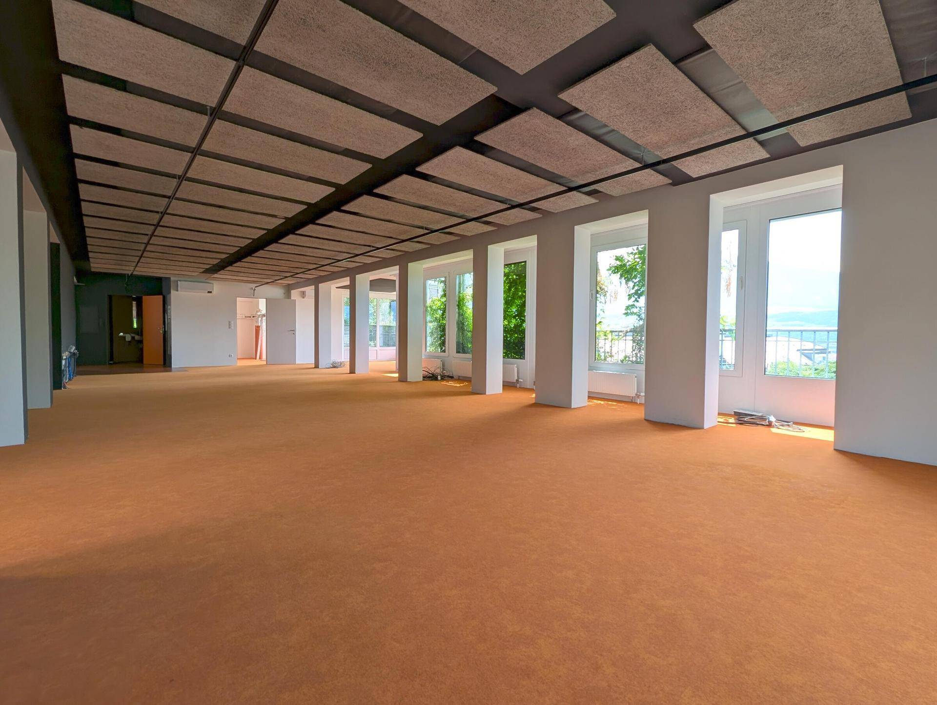 Großer, offener Raum mit durchgehendem orangefarbenem Teppichboden und einer Decke mit vielen schallabsorbierenden Paneelen.