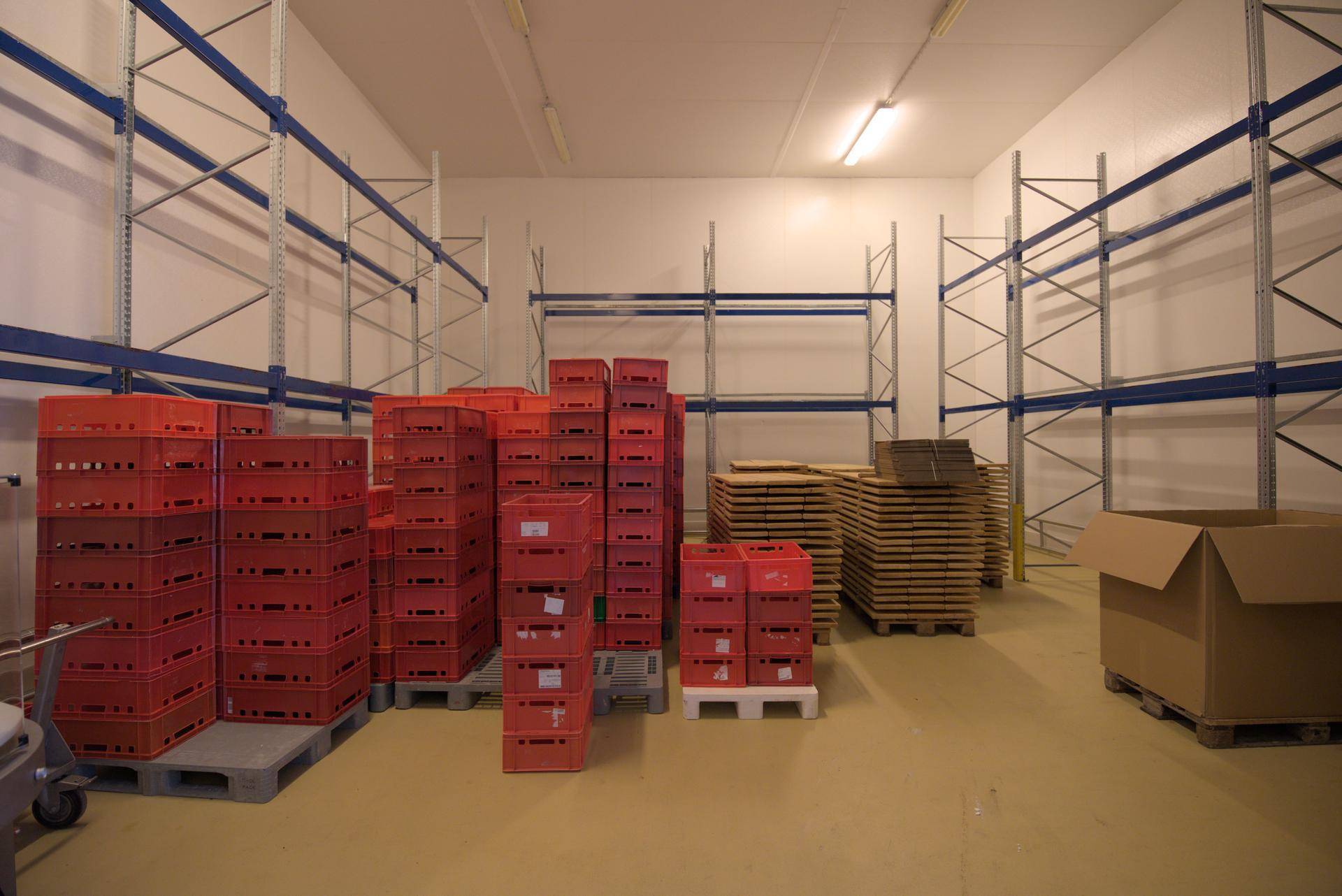 Geräumiger Lagerraum mit hohen Regalen, roten Kisten und Paletten auf dem Betonboden.