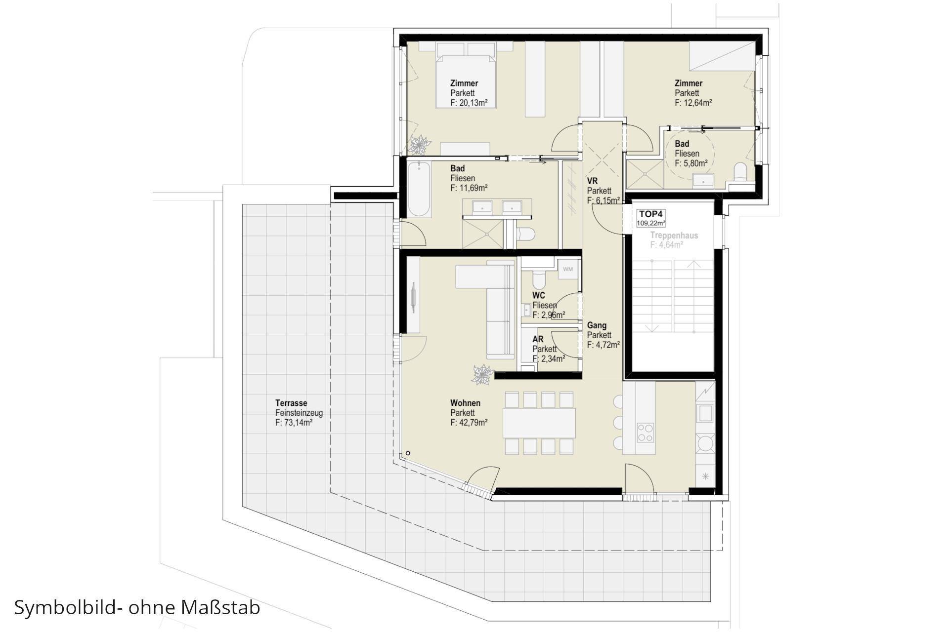 Grundriss einer Wohnung mit großer Terrasse, offenem Wohnbereich und mehreren Zimmern.
