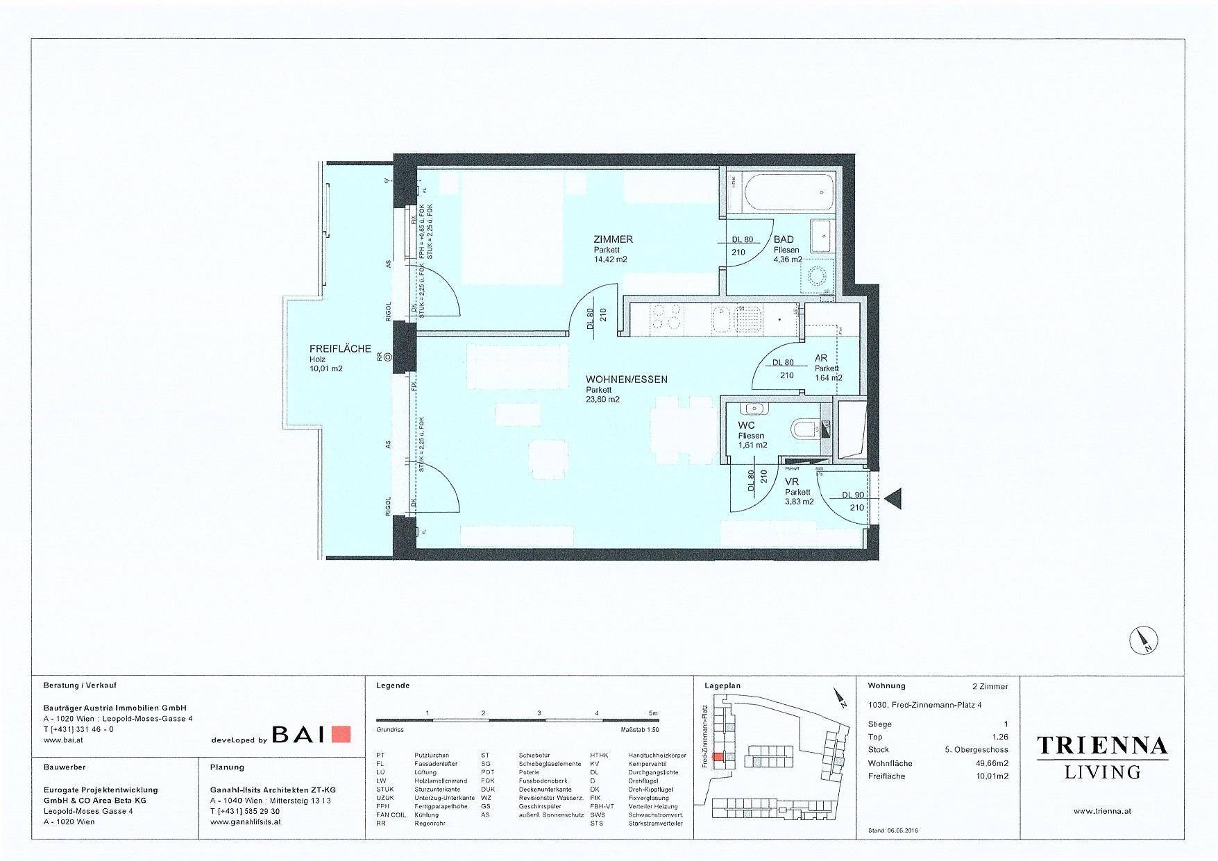 Grundriss einer 2-Zimmer-Wohnung mit Wohn-Essbereich, Schlafzimmer und Balkon.