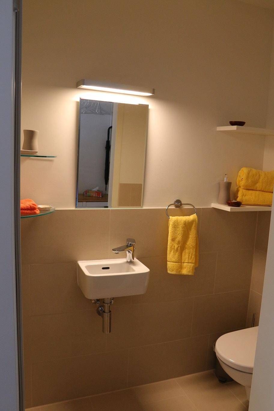 Kleines Gäste-WC mit modernem Waschbecken, Spiegel und Wandfliesen.