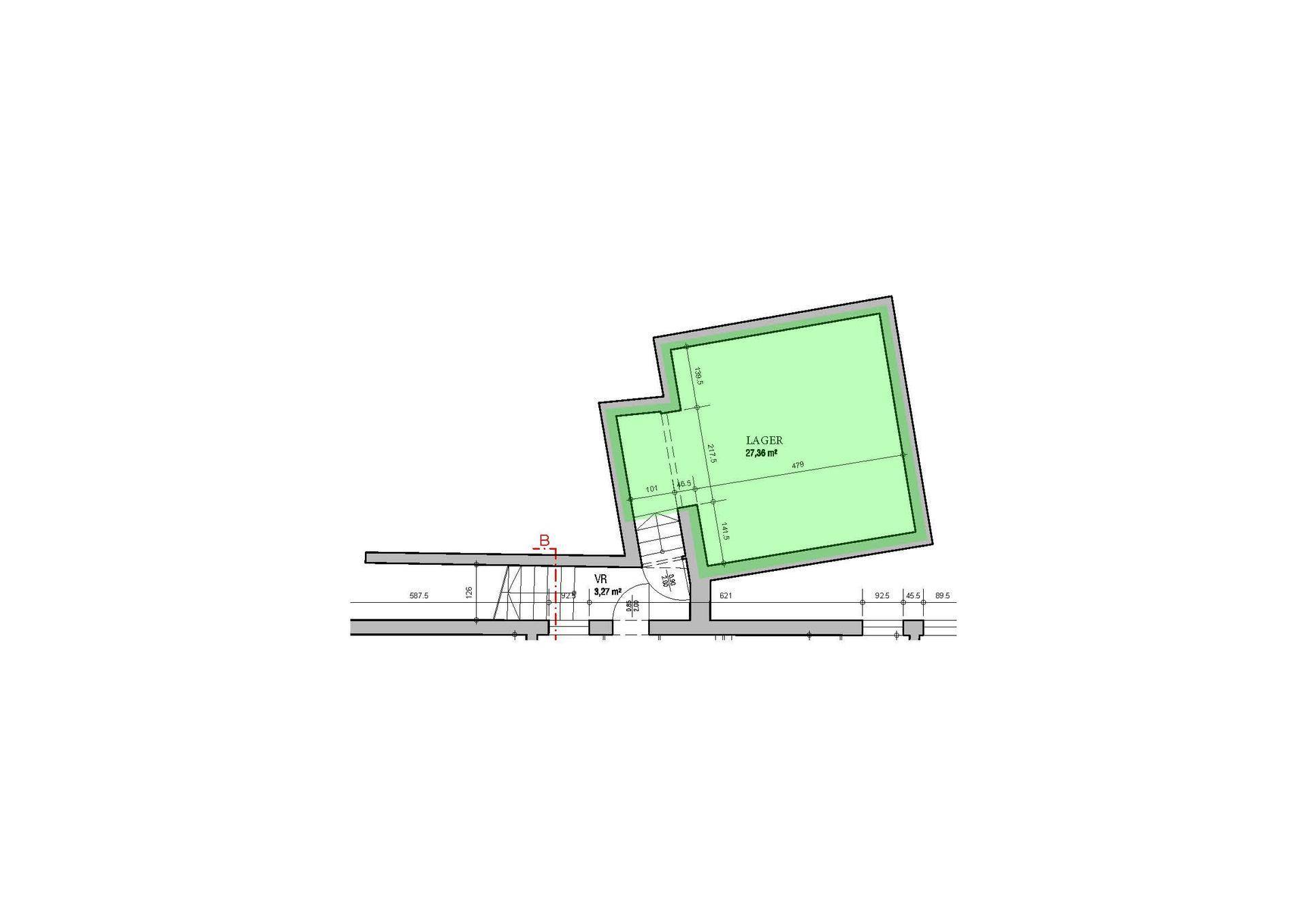 Grundrissplan eines Lagerraums mit Zugang über einen Vorraum und eine Treppe, ideal für zusätzlichen Stauraum.