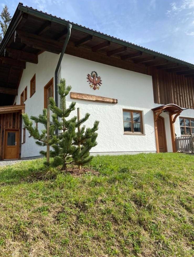 Seitenansicht des Alpenhauses mit weißer Fassade, einem jungen Nadelbaum und einem bemalten Wappen.