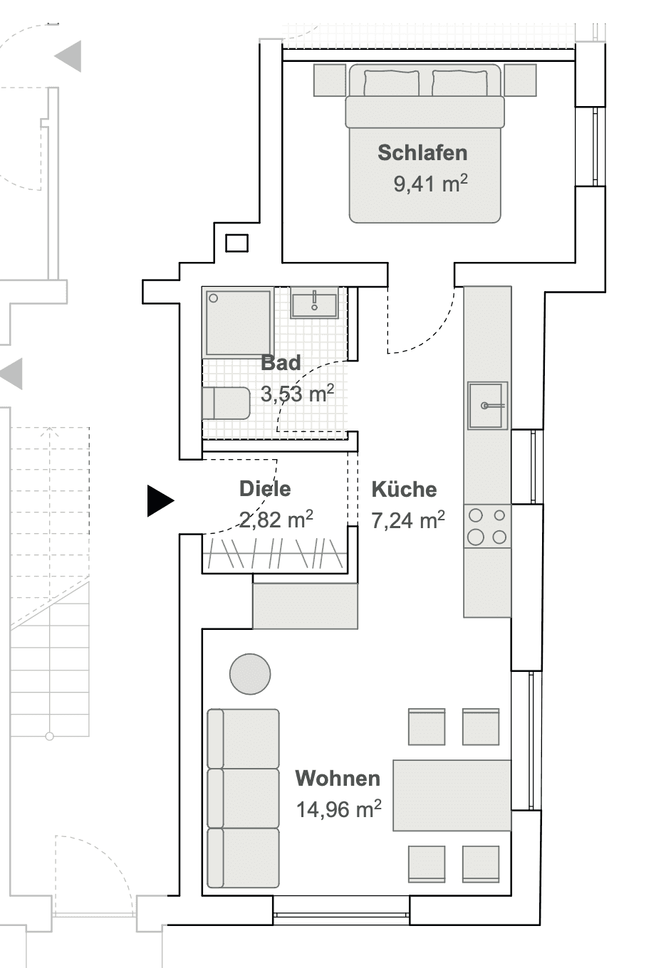 Grundriss der Wohnung mit Schlafzimmer, Bad, Küche und offenem Wohnbereich.