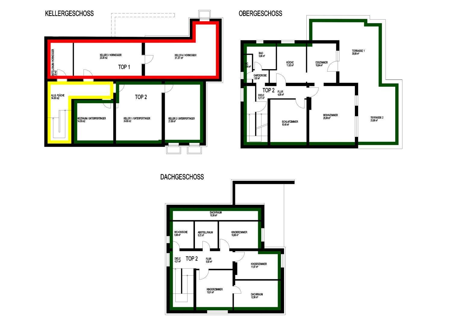 Grundrisspläne für Kellergeschoss, Obergeschoss und Dachgeschoss mit Raumaufteilung und Flächenangaben.