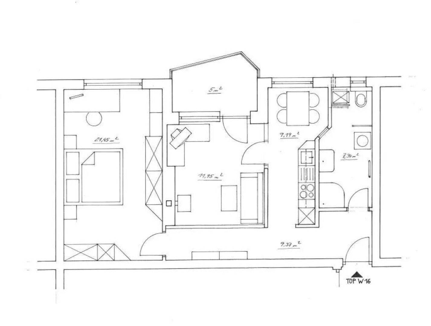 Detaillierter Grundriss einer Wohnung mit Schlafzimmer, offenem Wohnbereich, Küche und Bad.