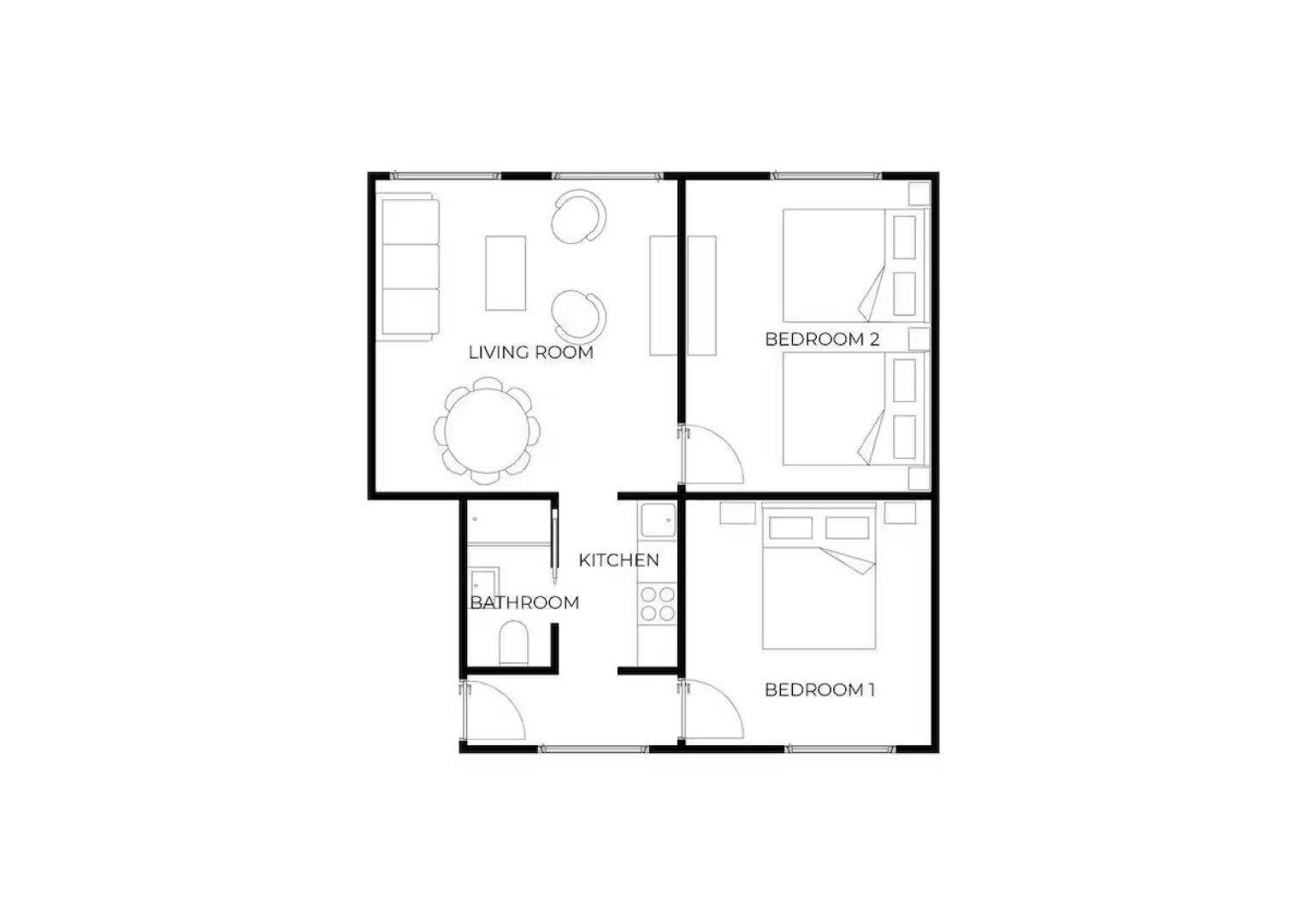 Übersichtlicher Grundriss mit Wohnzimmer, Küche, Bad und zwei Schlafzimmern.