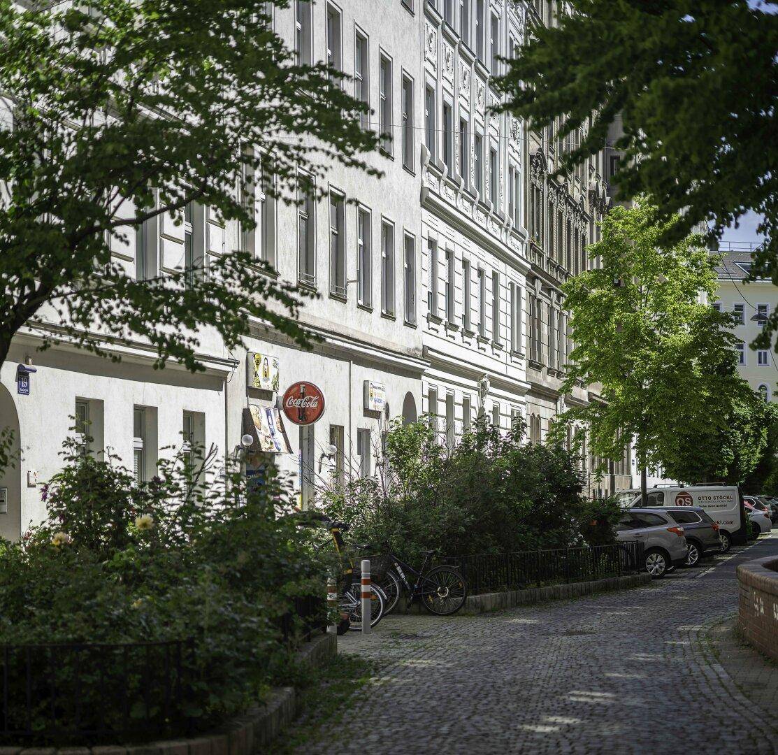 Kopfsteingepflasterte Straße mit parkenden Autos und grünen Bäumen vor einer Reihe von Gebäuden.