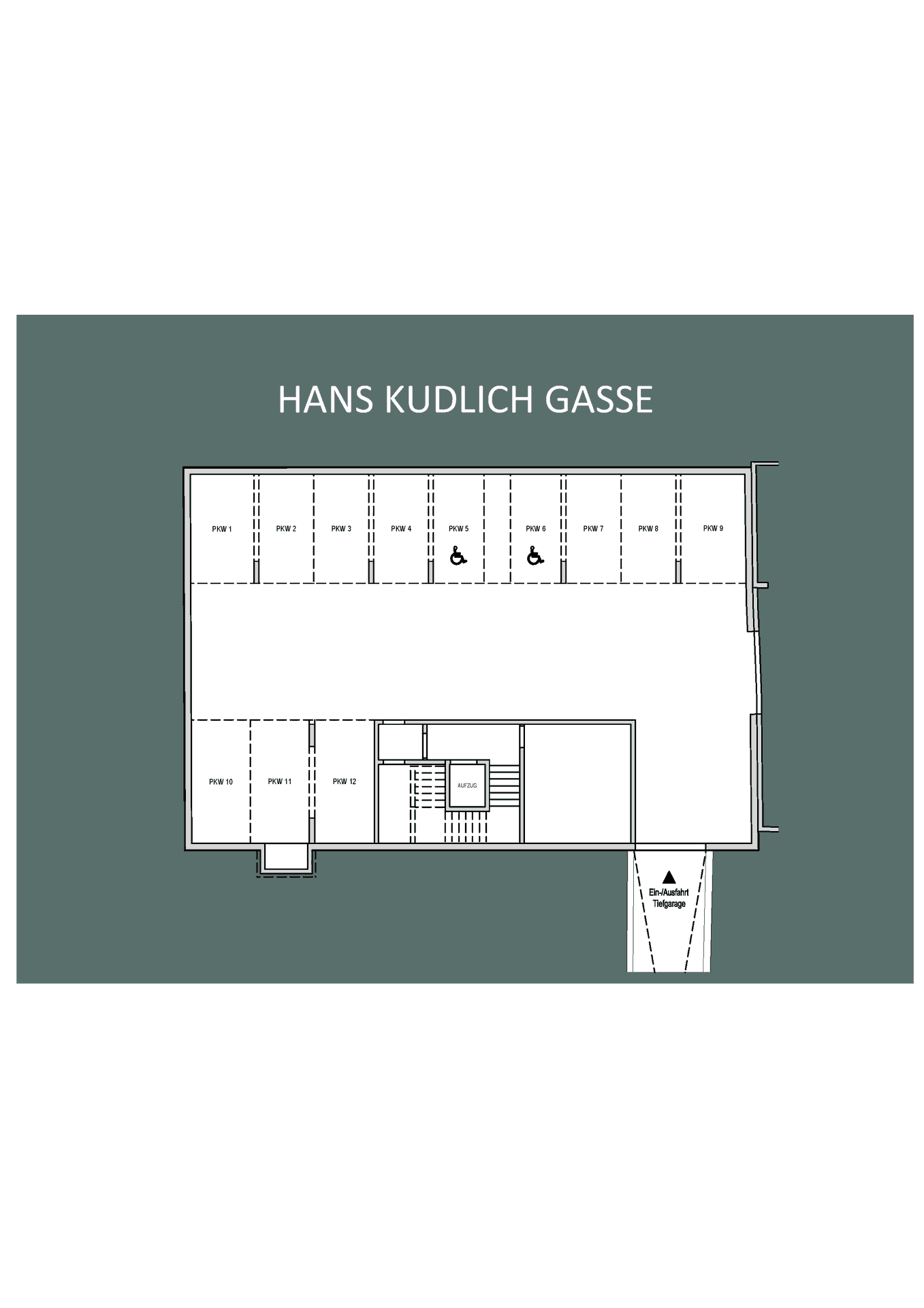 Grundriss einer Tiefgarage mit mehreren Stellplätzen, darunter barrierefreie, und Zugang zur Einfahrtsrampe.