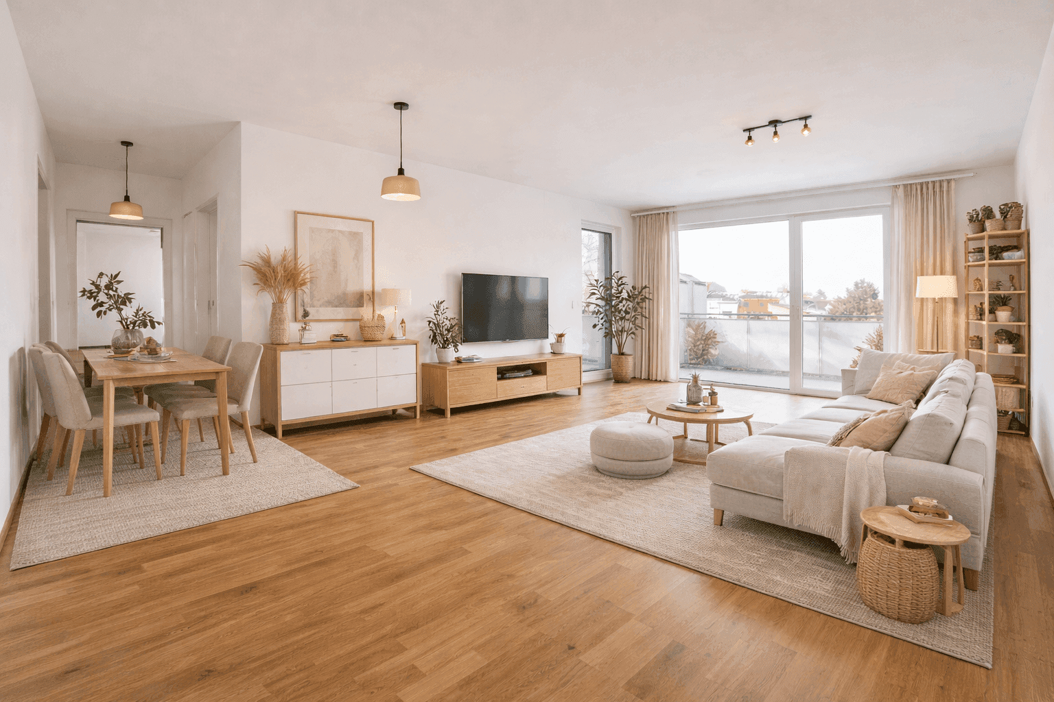 Heller, offener Wohn- und Essbereich mit modernem Design, Holzboden und Zugang zu einem Balkon.