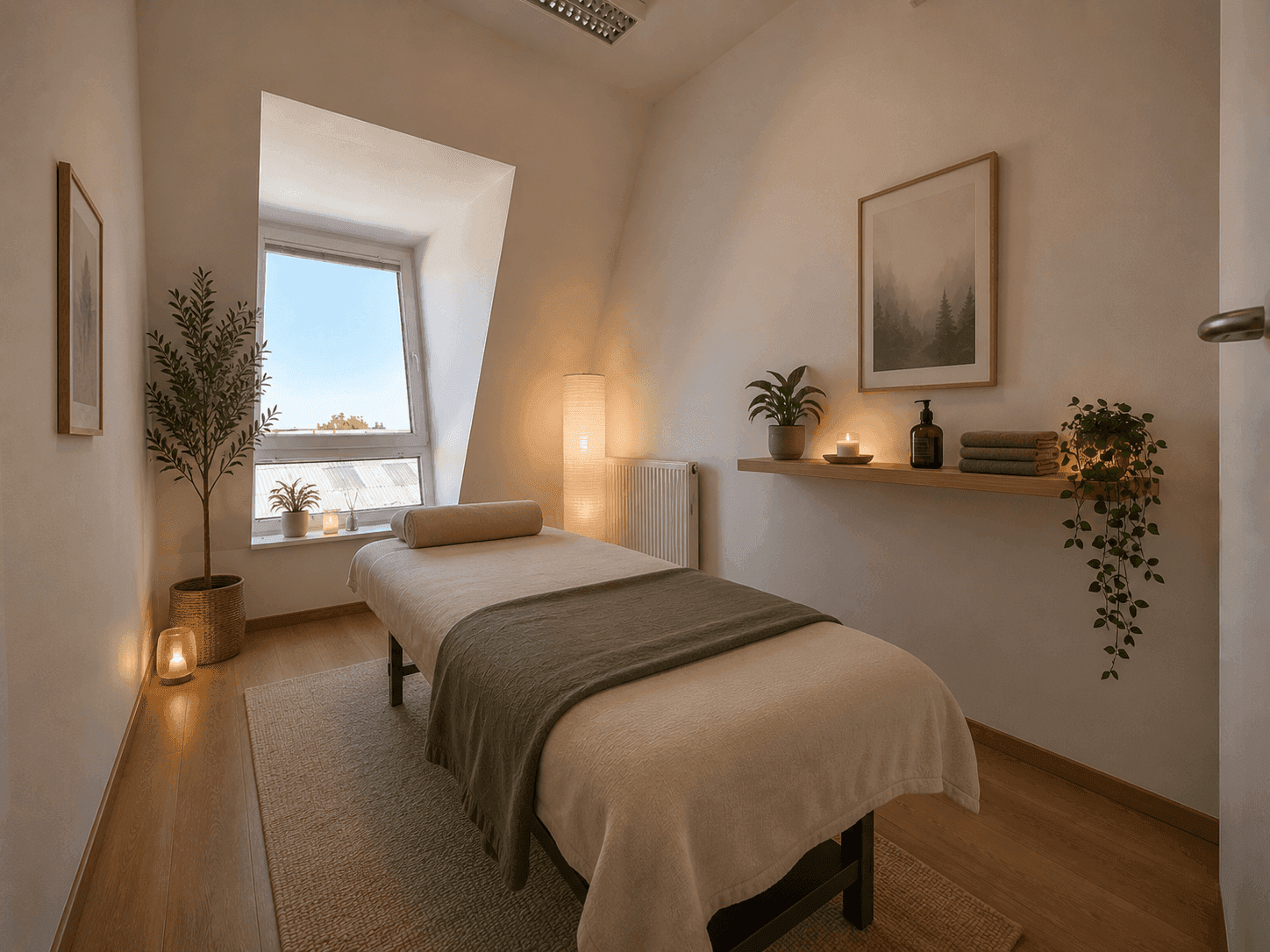 Ruhiger Therapieraum mit Massageliege, Pflanzen, Kerzen und einem Regal, unter einer Dachschräge mit Fenster.