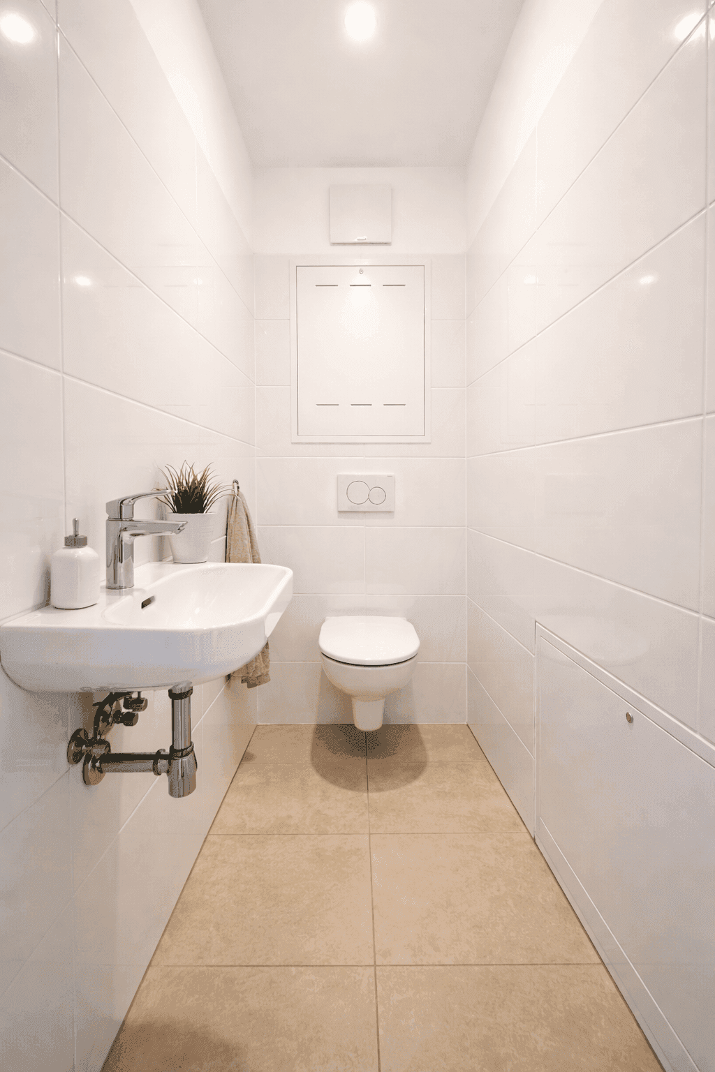 Kompaktes Gäste-WC mit wandhängendem WC und kleinem Waschbecken in hellen Fliesen.