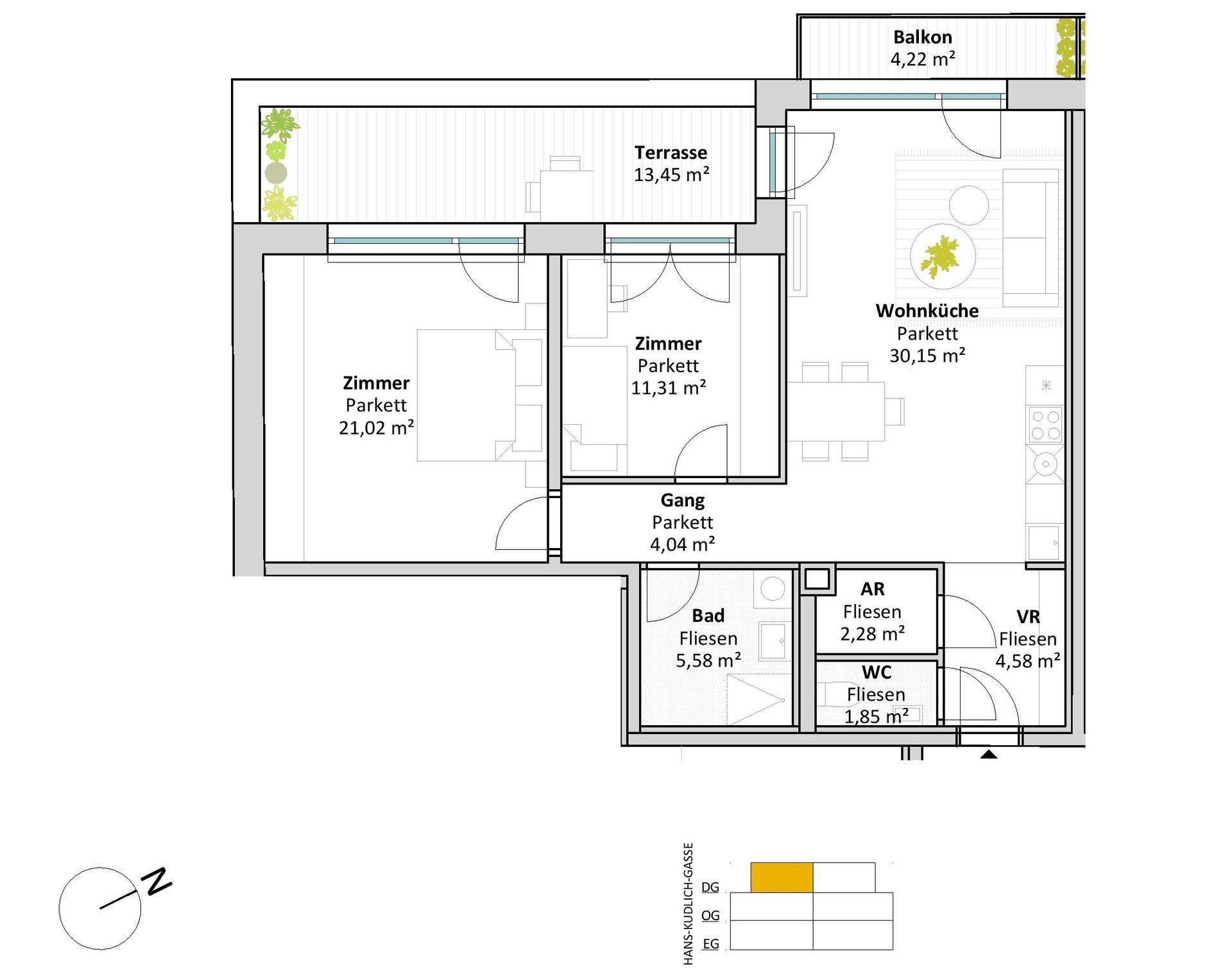 Detaillierter Grundriss einer Wohnung mit Terrasse, Balkon, Wohnküche und mehreren Zimmern.