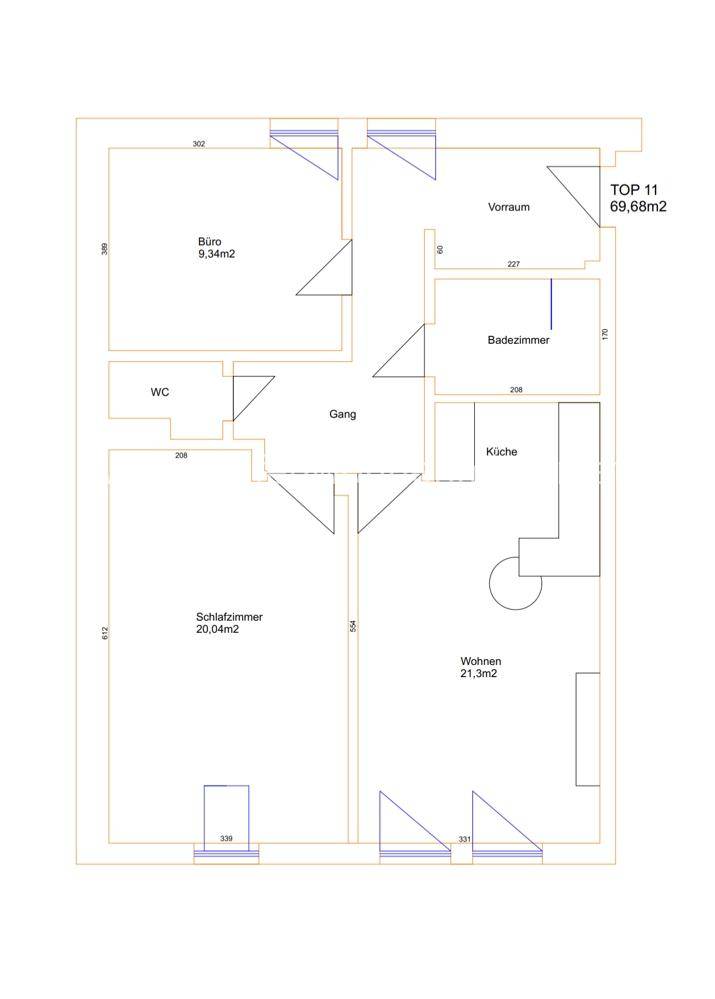 Grundriss einer Wohnung mit Büro, Schlafzimmer, Wohnbereich, Küche, Bad und separatem WC.