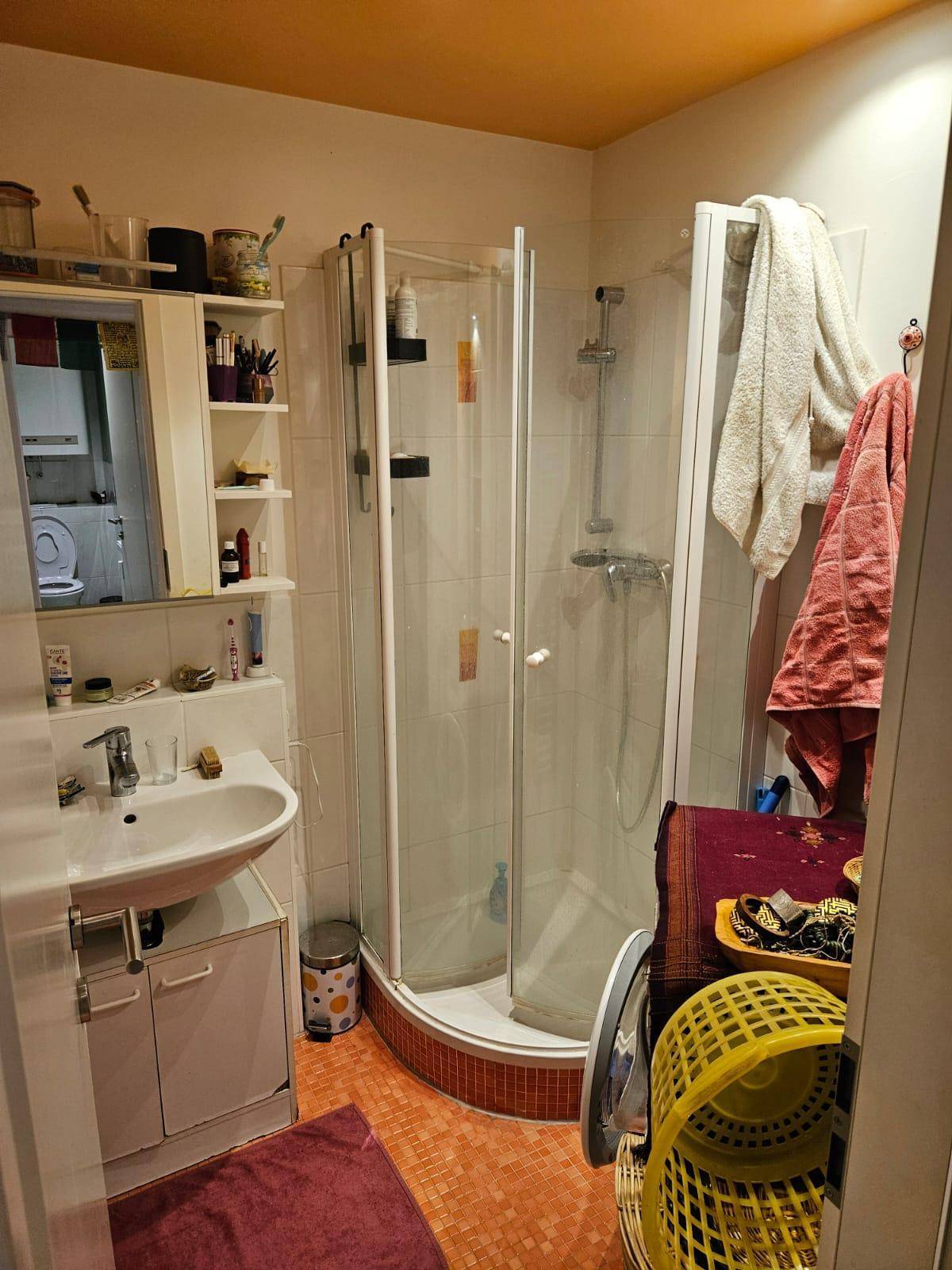 Badezimmer mit Dusche, Waschbecken und orangefarbenen Fliesen.