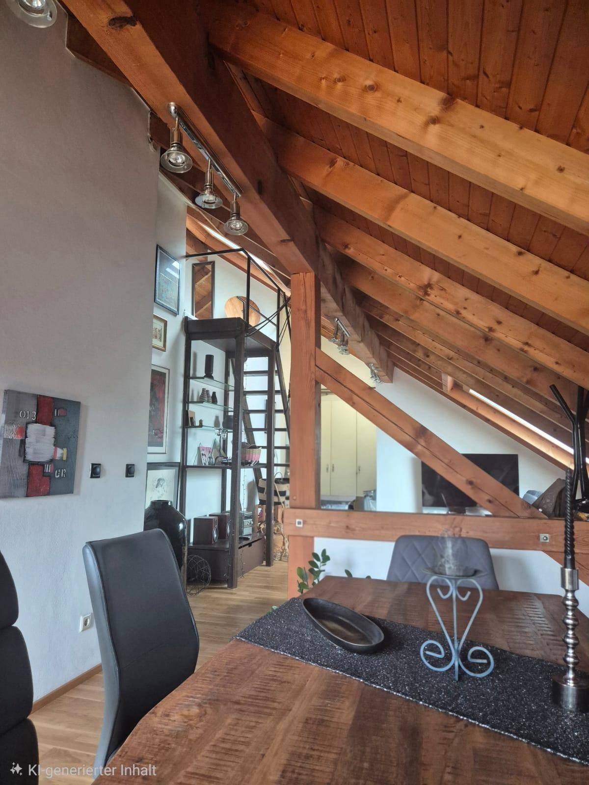 Offener Wohn- und Essbereich im Dachgeschoss mit sichtbaren Holzbalken und einer Treppe.