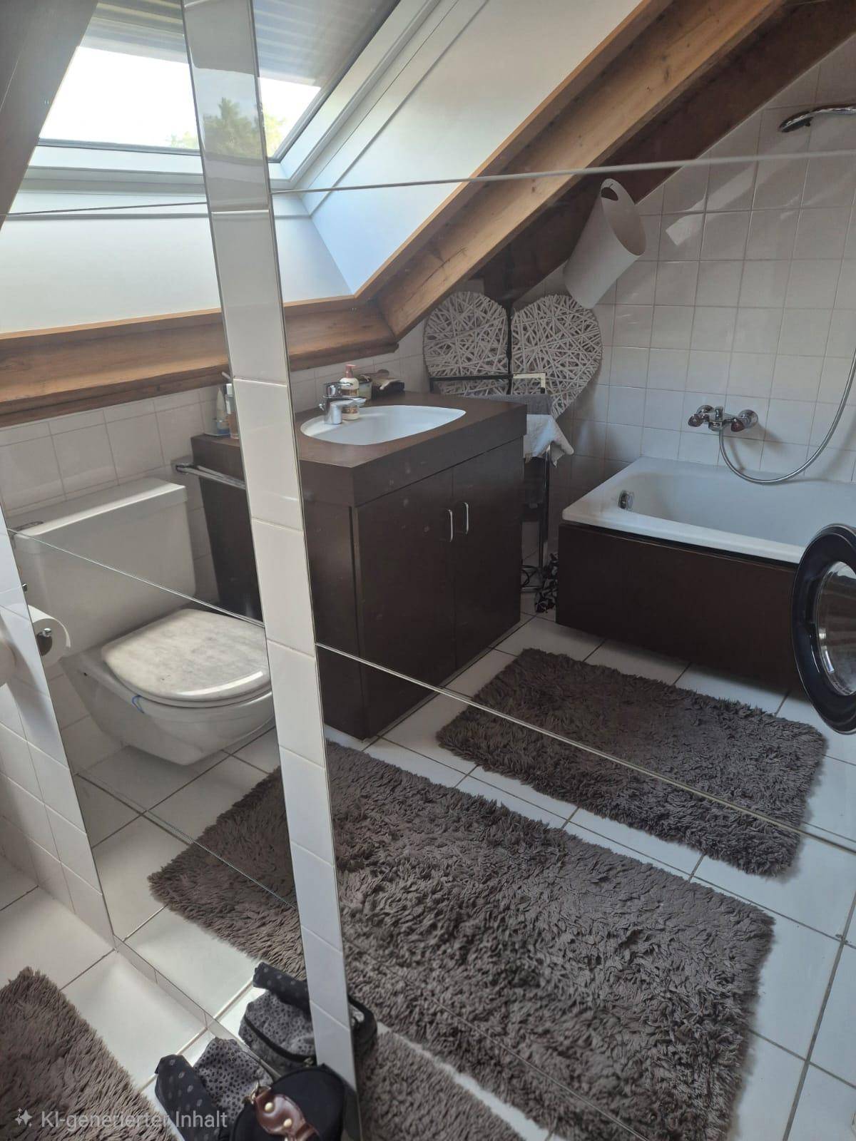 Badezimmer im Dachgeschoss mit Badewanne, Toilette, Waschbecken und einem Dachfenster.