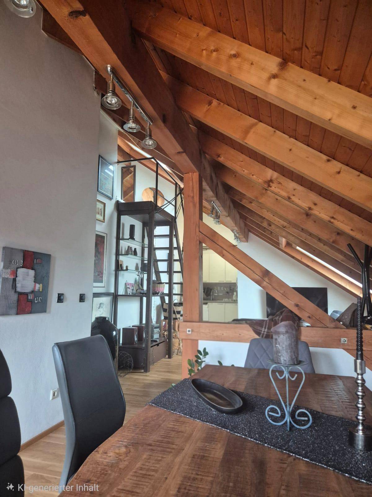 Offener Wohn- und Essbereich im Dachgeschoss mit sichtbaren Holzbalken und einer Treppe.