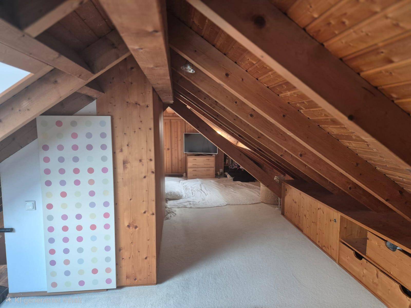 Dachgeschoss-Schlafzimmer mit sichtbaren Holzbalken, schräger Decke und Teppichboden.
