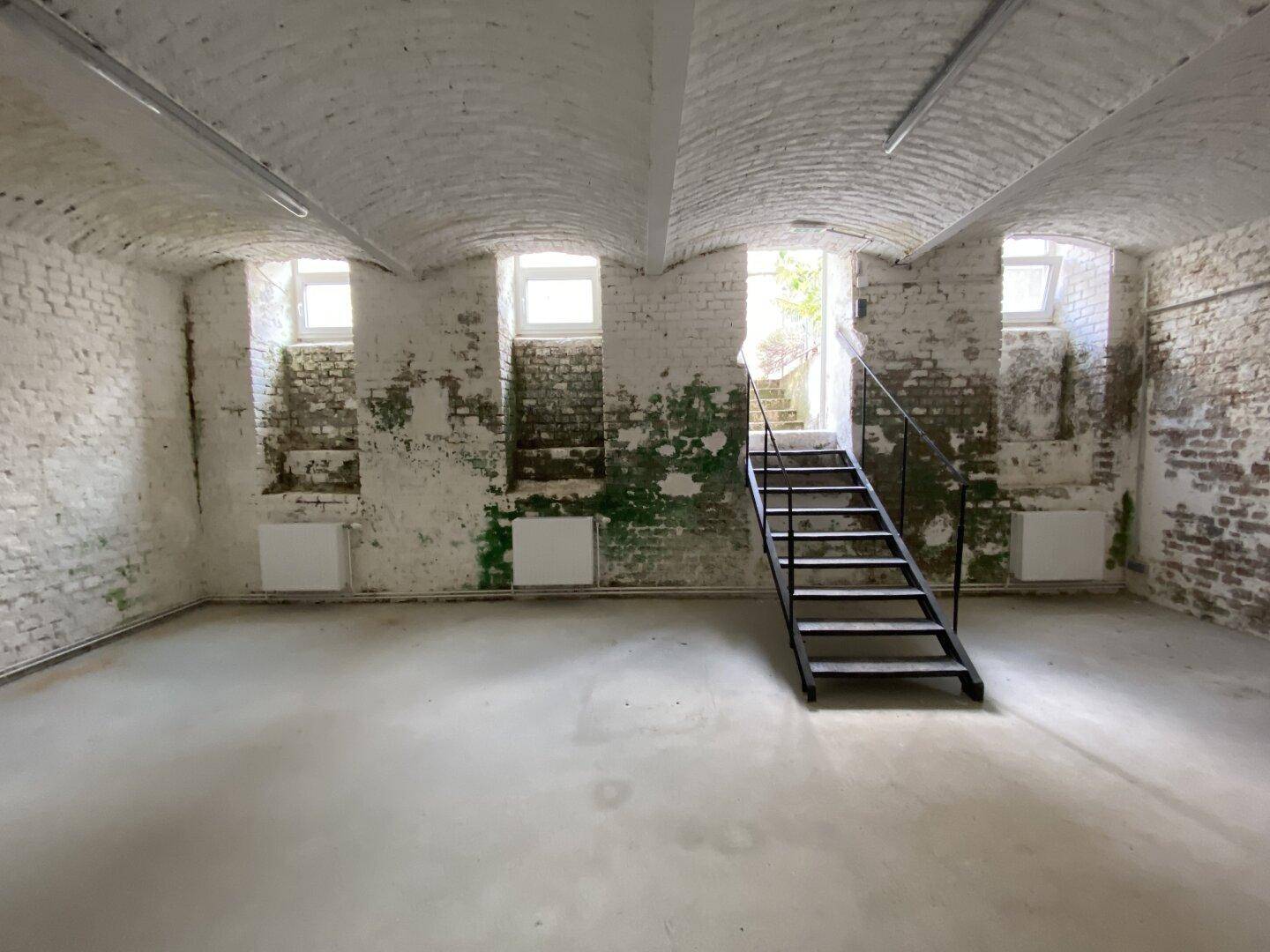 Geräumiger Kellerraum mit weiß gestrichenen Ziegelwänden, Betonboden und einer Treppe zum Ausgang.