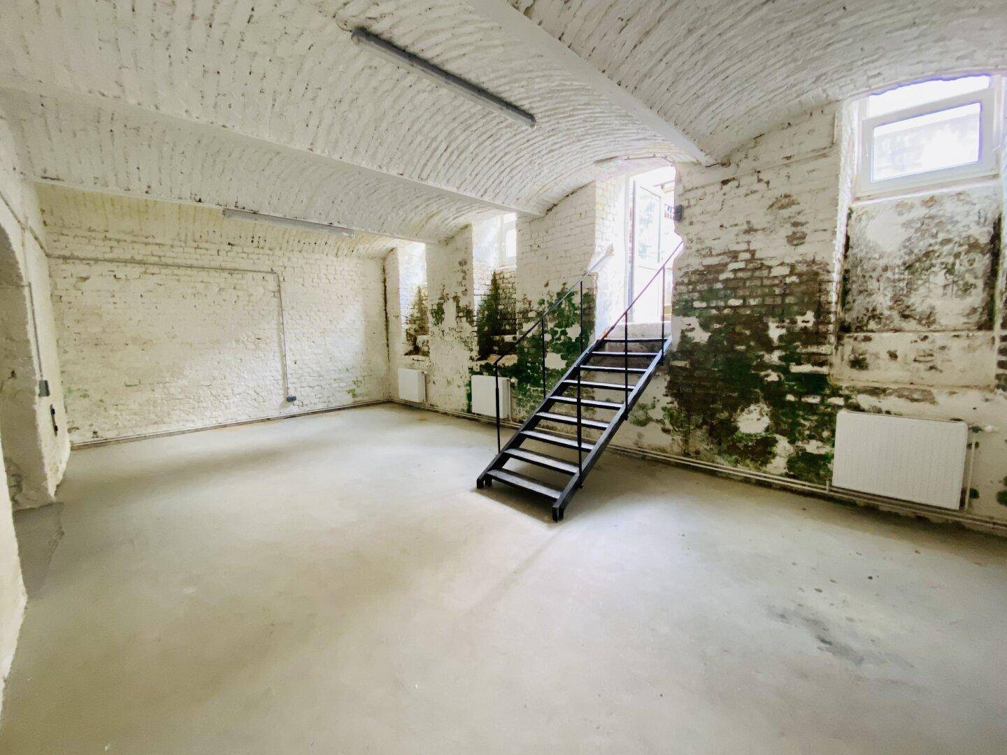 Großer Kellerraum mit gewölbter Decke, freiliegenden Ziegelwänden und einer Metalltreppe.