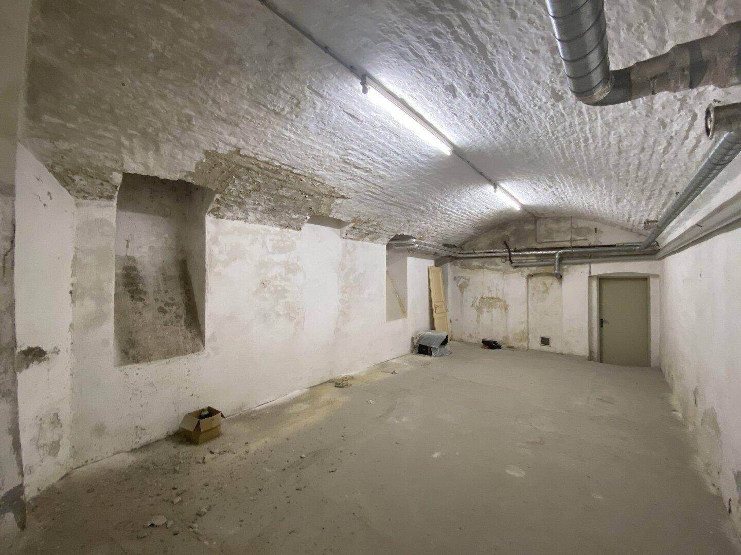 Geräumiger Kellerraum mit unverputzten Wänden, Gewölbedecke und sichtbaren Rohren.