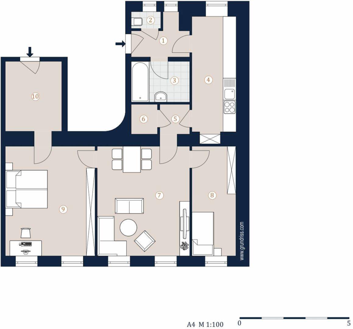 Detaillierter Grundriss einer Wohnung mit mehreren Zimmern und klarer Raumaufteilung.