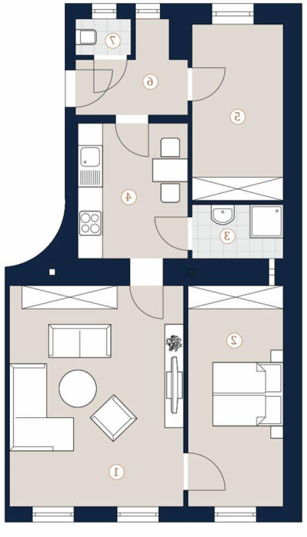 Grundriss einer Wohnung mit mehreren Zimmern, Küche und Bädern, zeigt die Raumaufteilung.