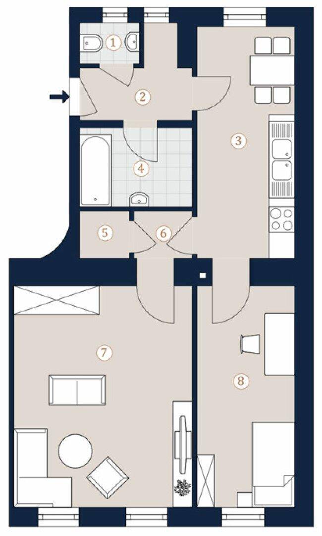 Grundriss einer Wohnung mit drei Zimmern, Küche und Bad, effiziente Raumaufteilung.