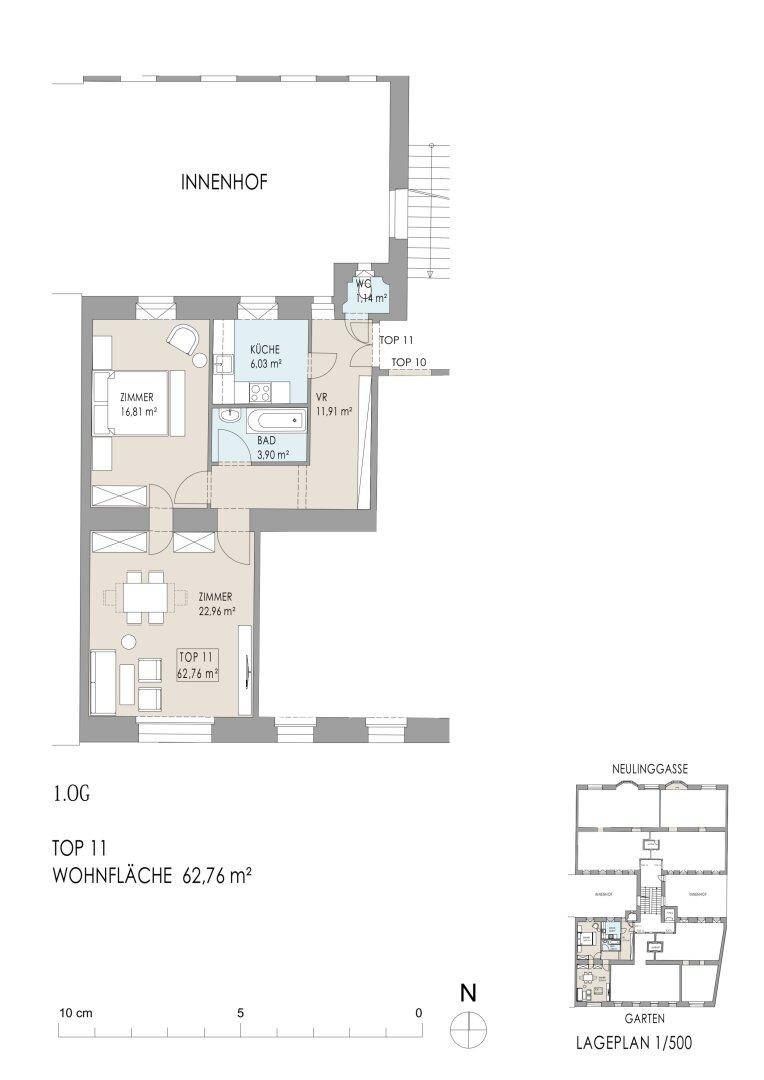 Grundriss der Wohnung TOP 11 mit separater Küche, einem Schlafzimmer und einem kombinierten Wohn-Essbereich.